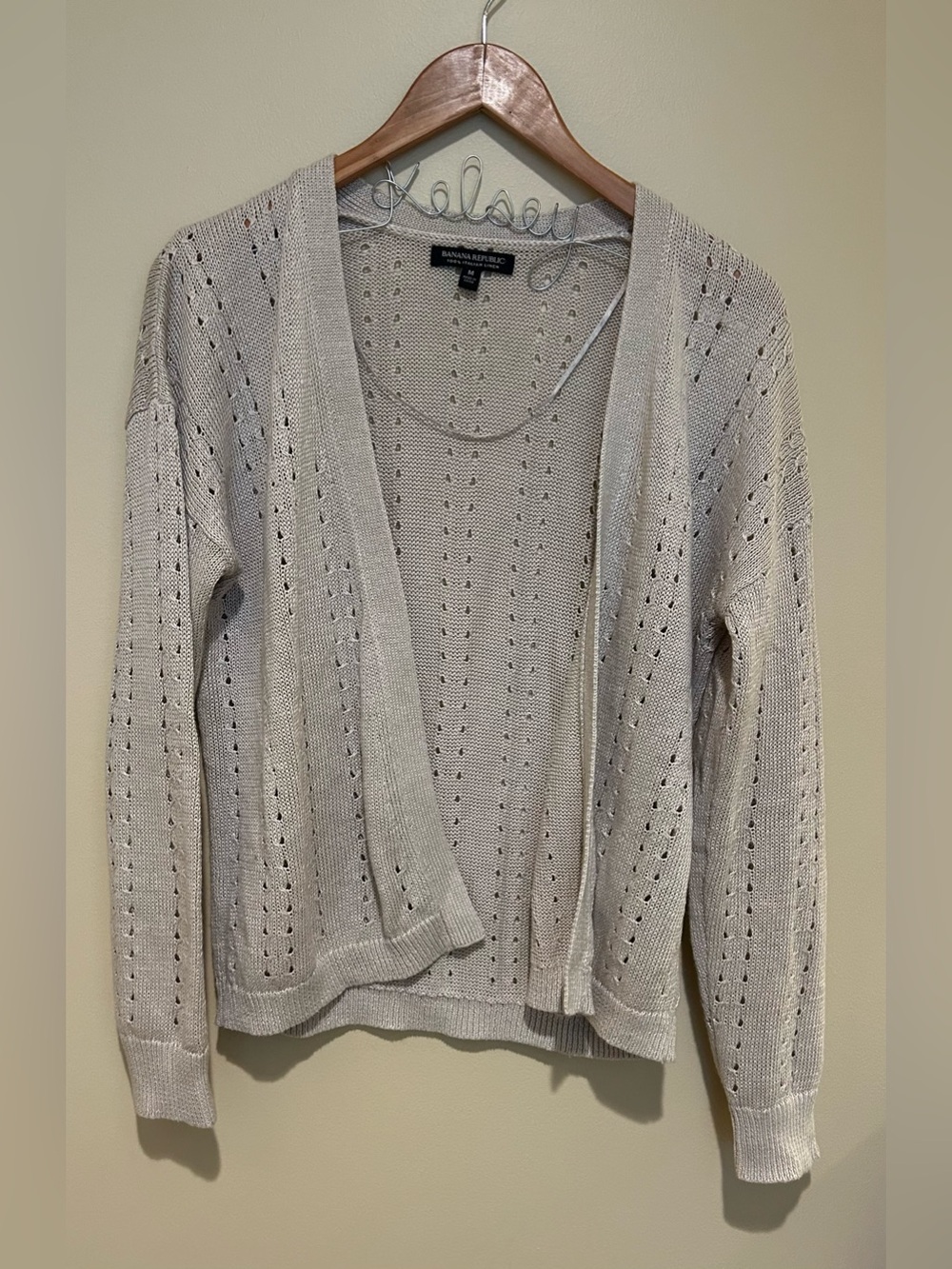 Banana Republic Open Knit 100% Italian Linen Cream Cardigan Sweater Size M